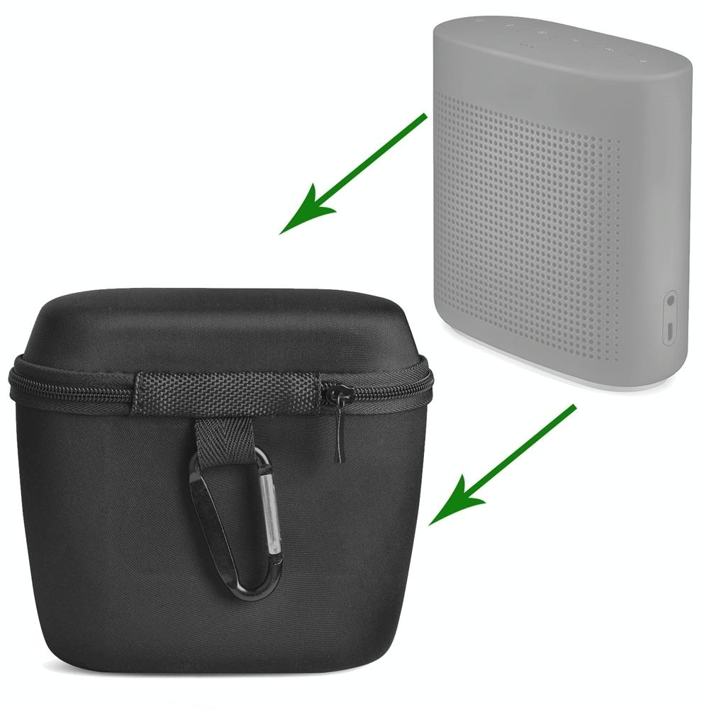 Black portable shockproof speaker case made of high-grade nylon with attached travel carabiner clip — view 5