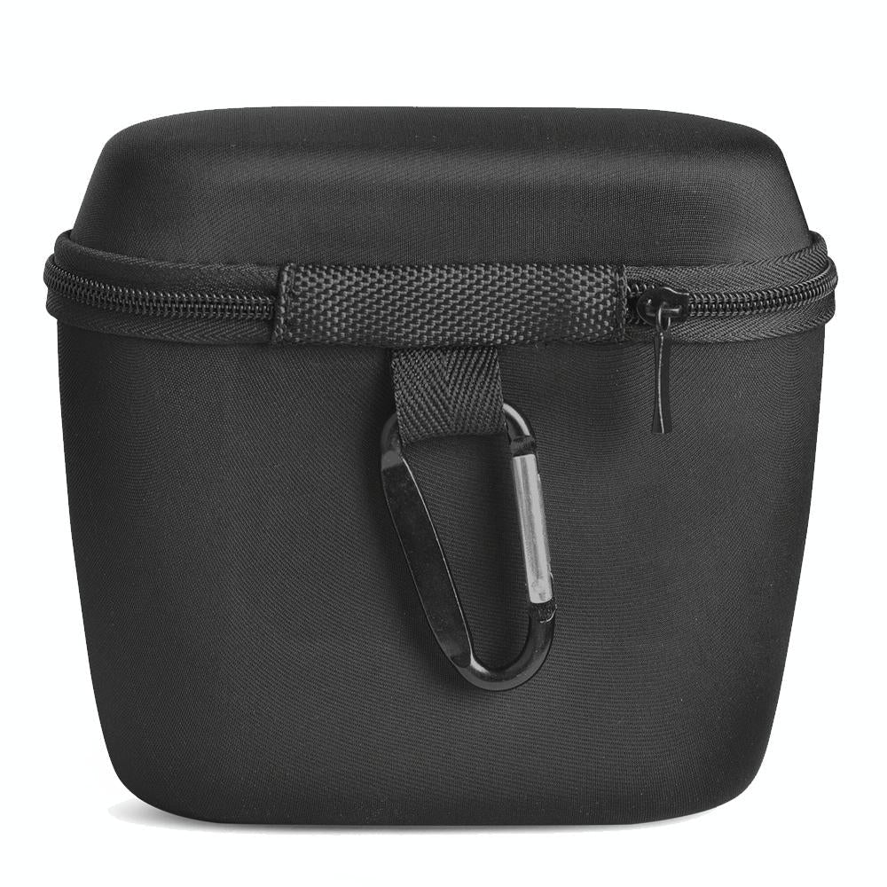 Black portable shockproof speaker case made of high-grade nylon with attached travel carabiner clip