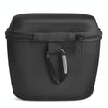 Black portable shockproof speaker case made of high-grade nylon with attached travel carabiner clip
