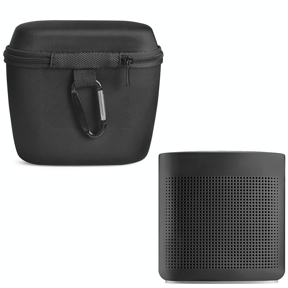 Black portable shockproof speaker case made of high-grade nylon with attached travel carabiner clip — view 4