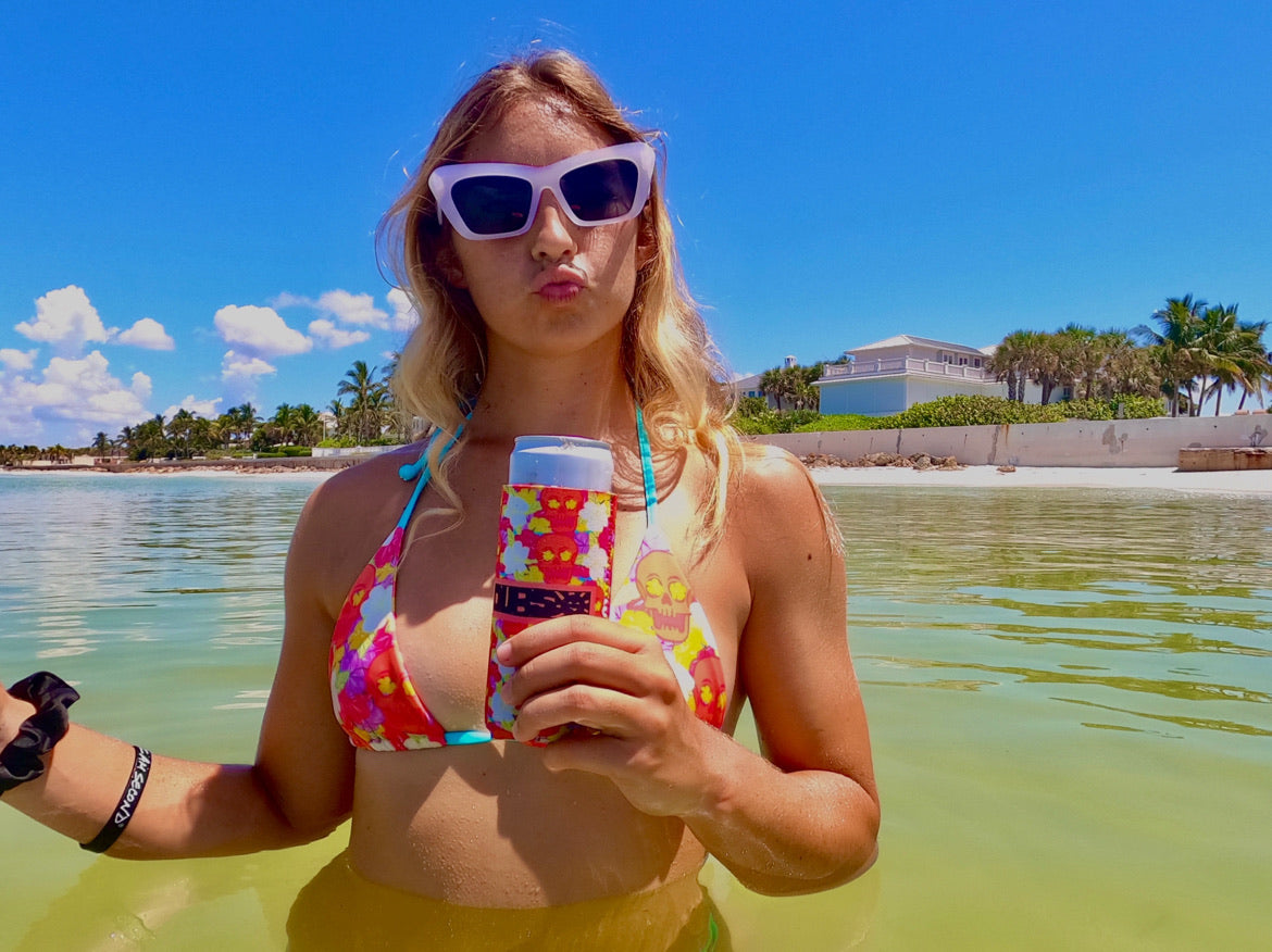 Vibrant Skull Bum Koozie insulated beverage can cooler in bold colorful summer beach patterns