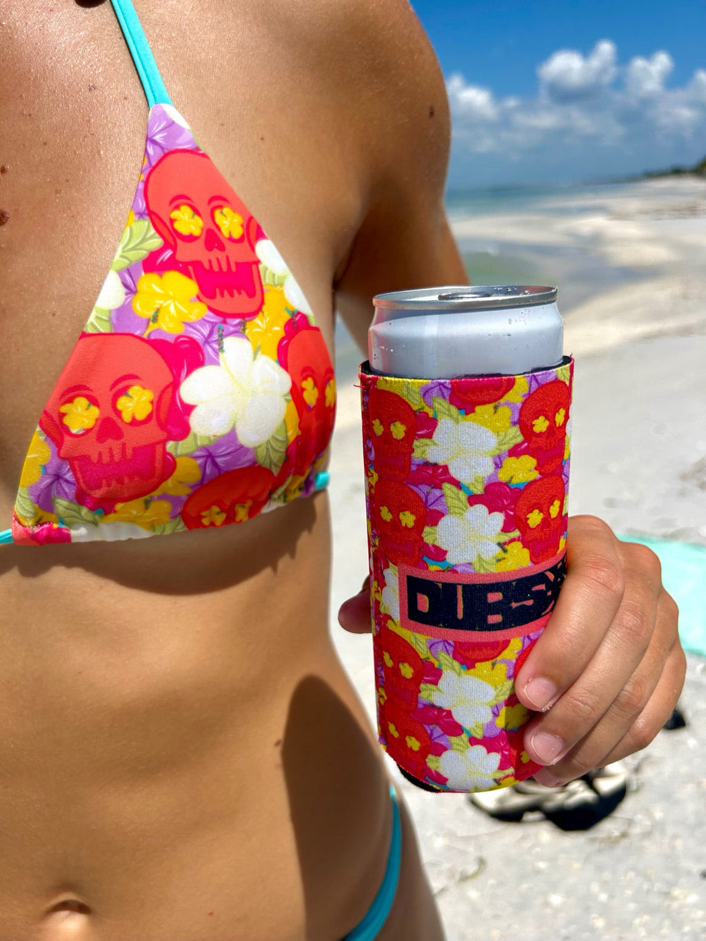 Vibrant Skull Bum Koozie insulated beverage can cooler in bold colorful summer beach patterns — view 2