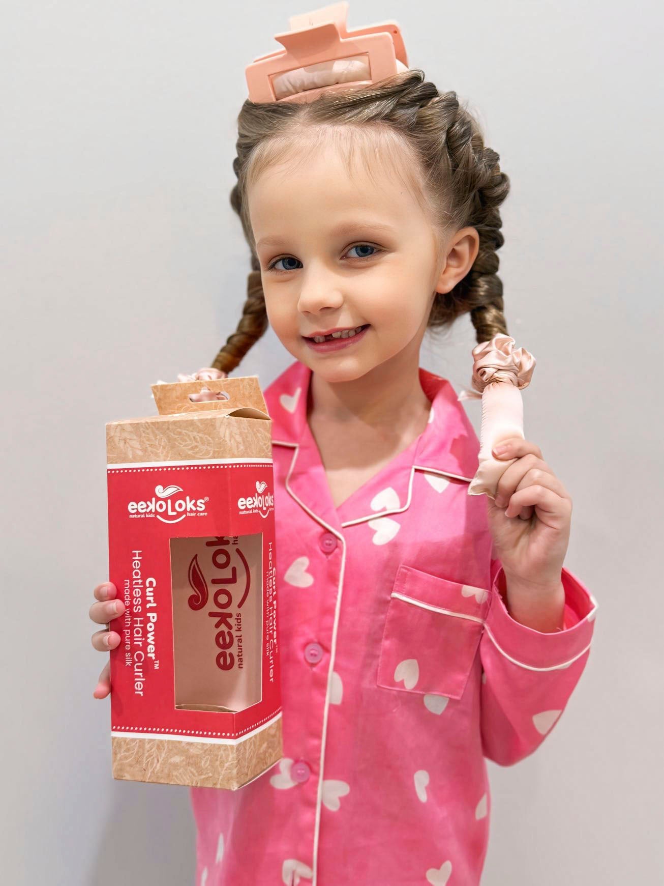 Kids pure silk heatless hair curler set with two scrunchies, claw clip, and storage bag — view 3