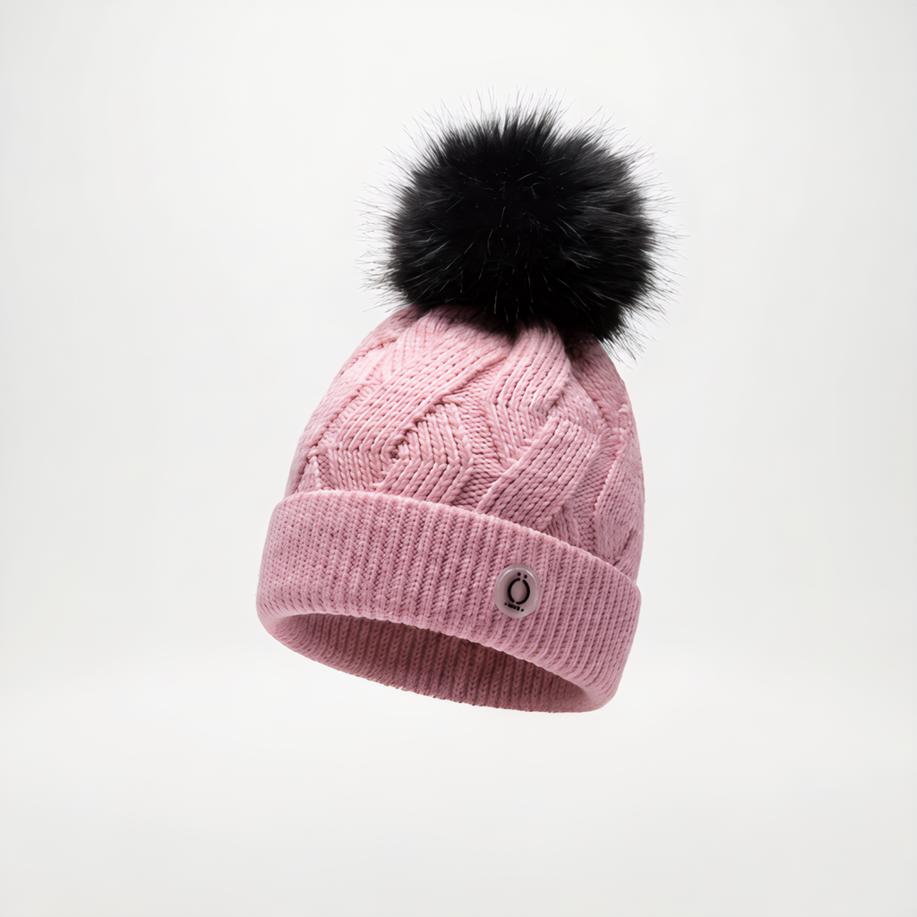 Blush pink kids knit winter tuque hat featuring a soft removable long fur pompom — view 4
