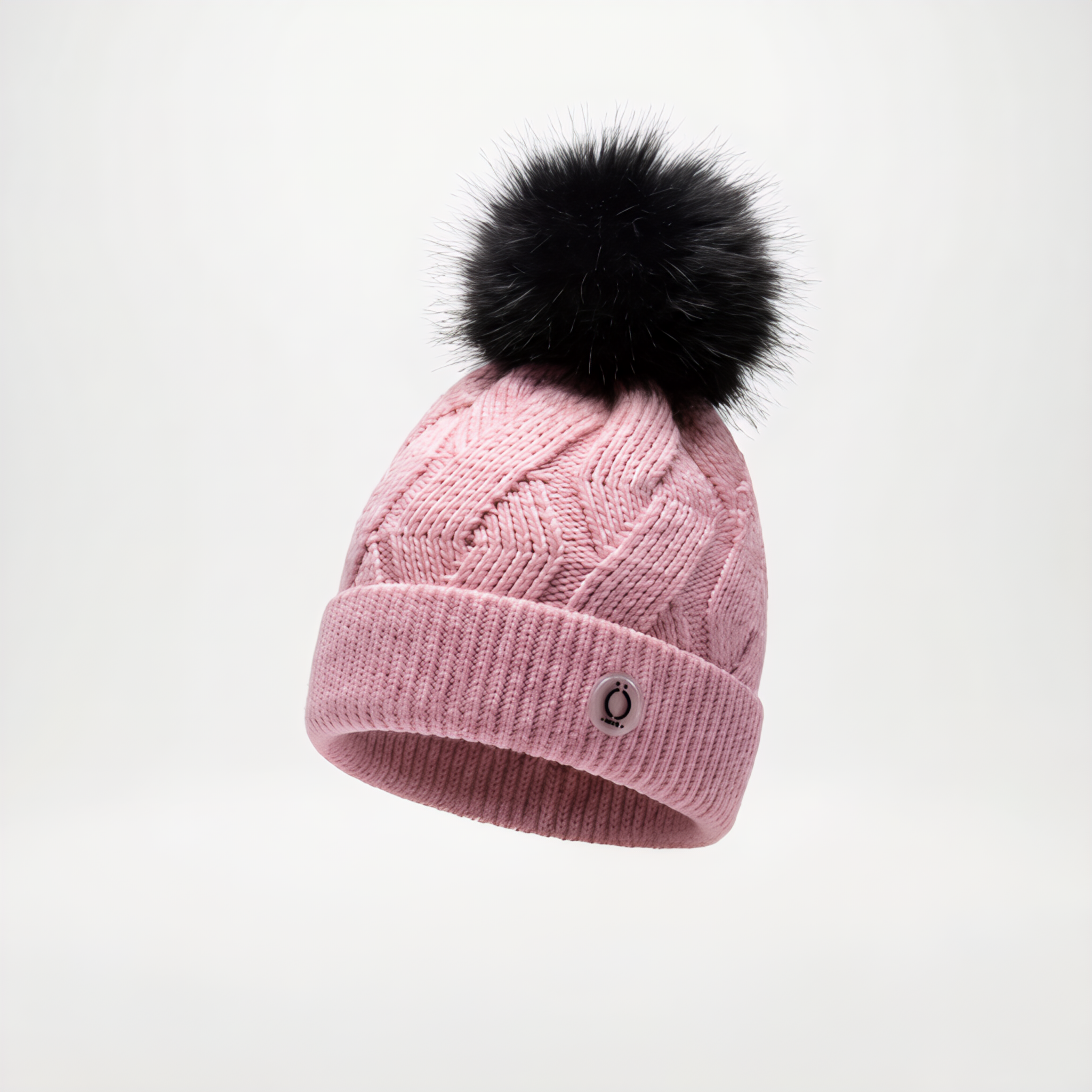 Blush pink kids knit winter tuque hat featuring a soft removable long fur pompom — view 4