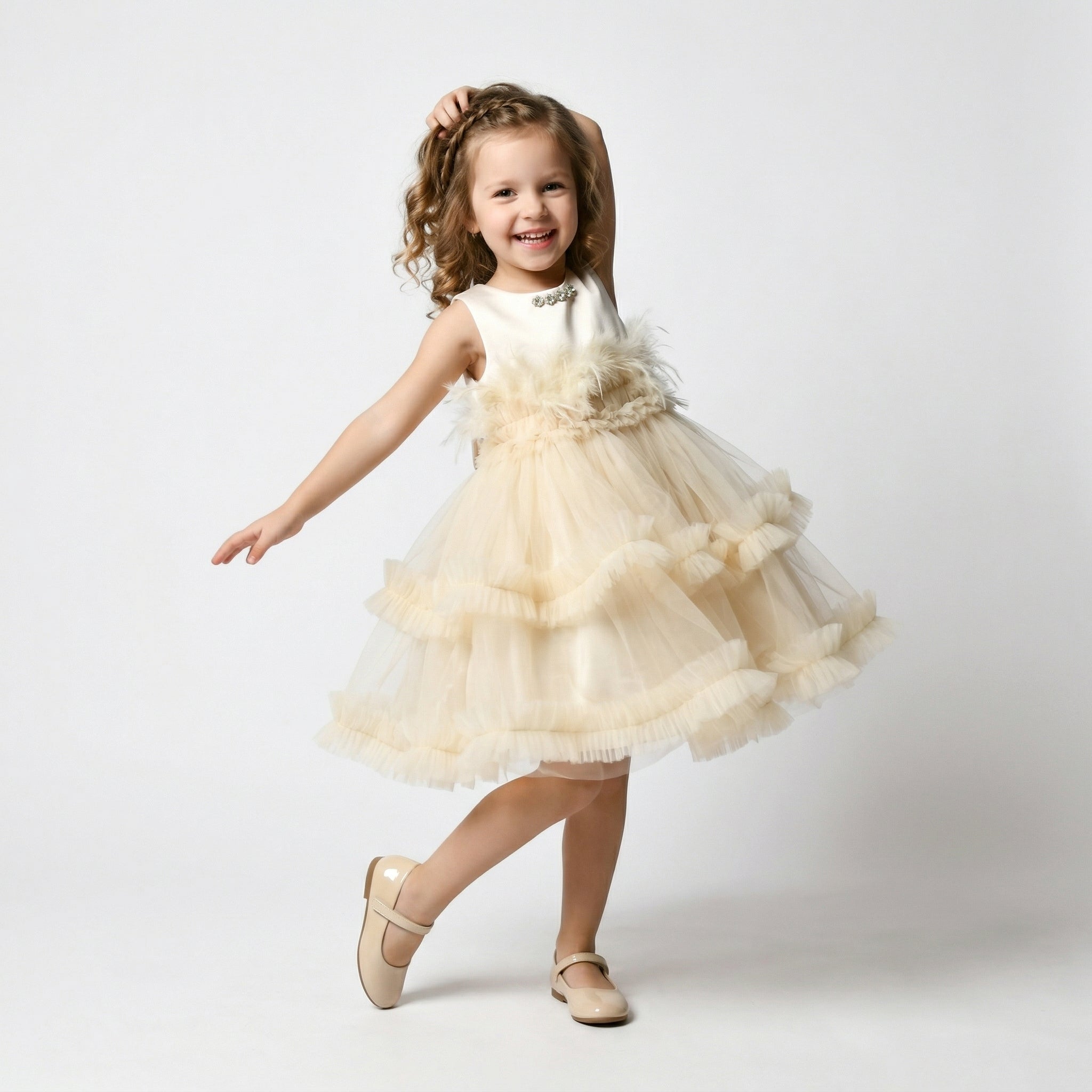 Feather Frida girls formal dress with satin bodice, feather waist, and layered tulle skirt — view 2