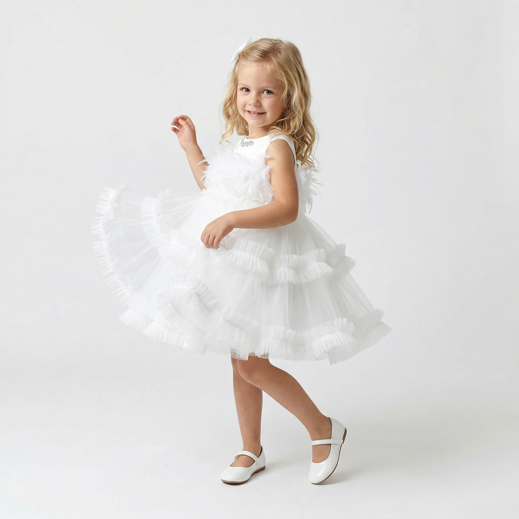 Feather Frida girls formal dress with satin bodice, feather waist, and layered tulle skirt