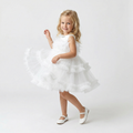 Feather Frida girls formal dress with satin bodice, feather waist, and layered tulle skirt
