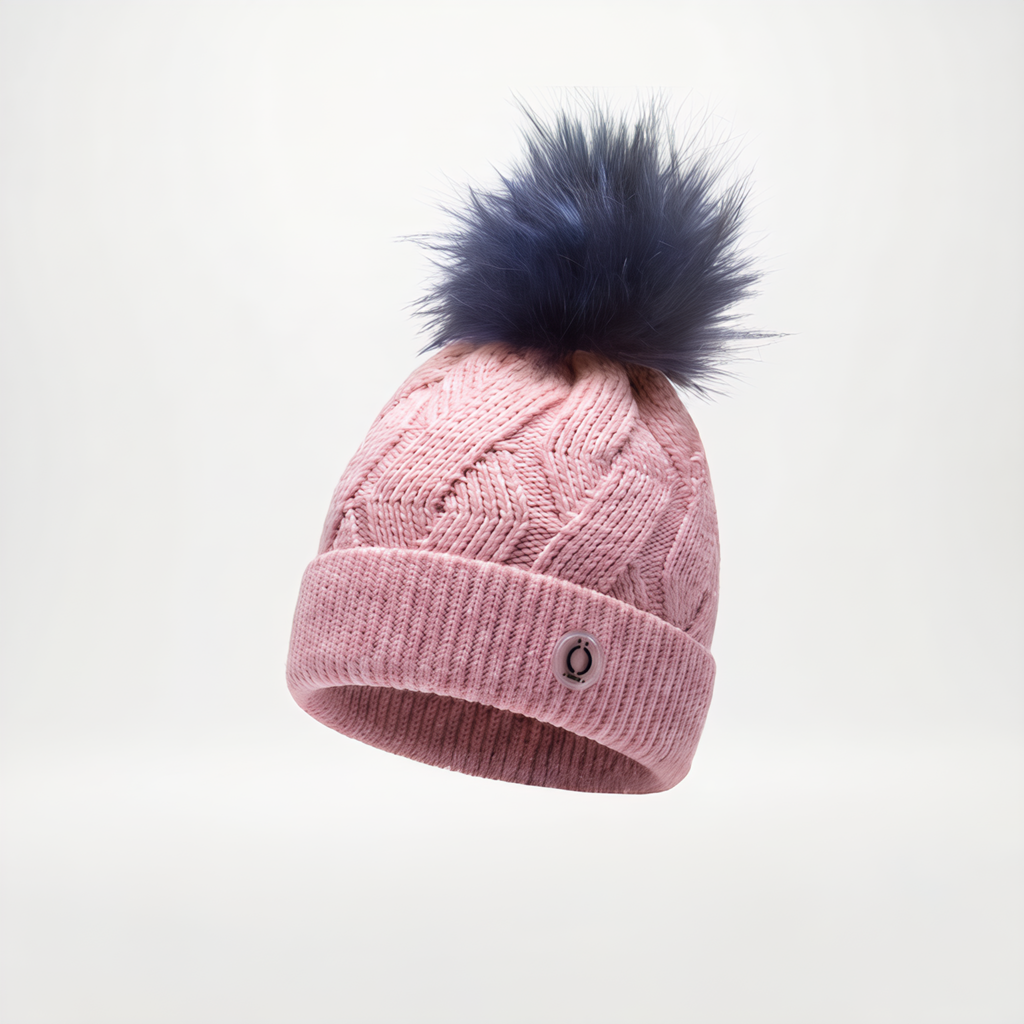 Blush pink kids knit winter tuque hat featuring a soft removable long fur pompom — view 5