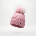Blush pink kids knit winter tuque hat featuring a soft removable long fur pompom