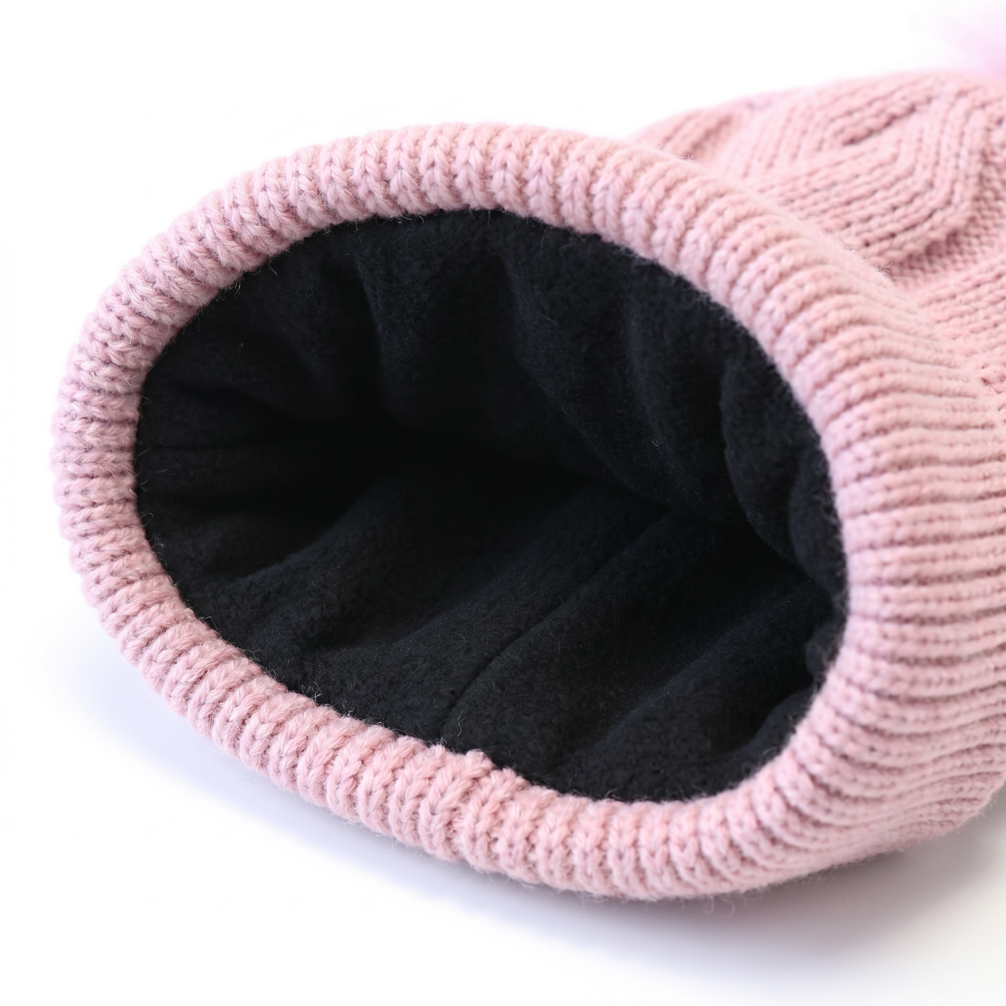 Blush pink kids knit winter tuque hat featuring a soft removable long fur pompom — view 3