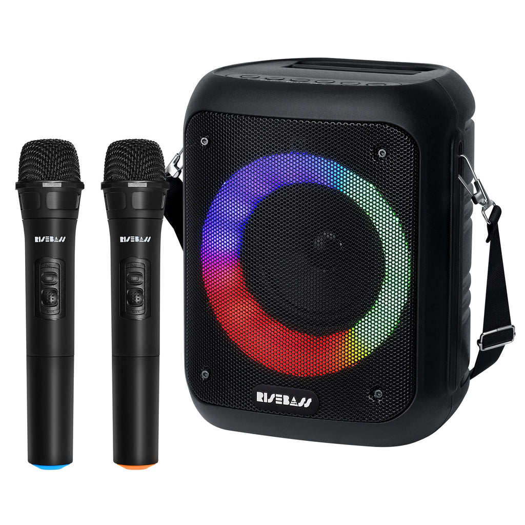 Compact portable karaoke machine in black with LED lights and two wireless microphones