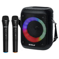 Compact portable karaoke machine in black with LED lights and two wireless microphones