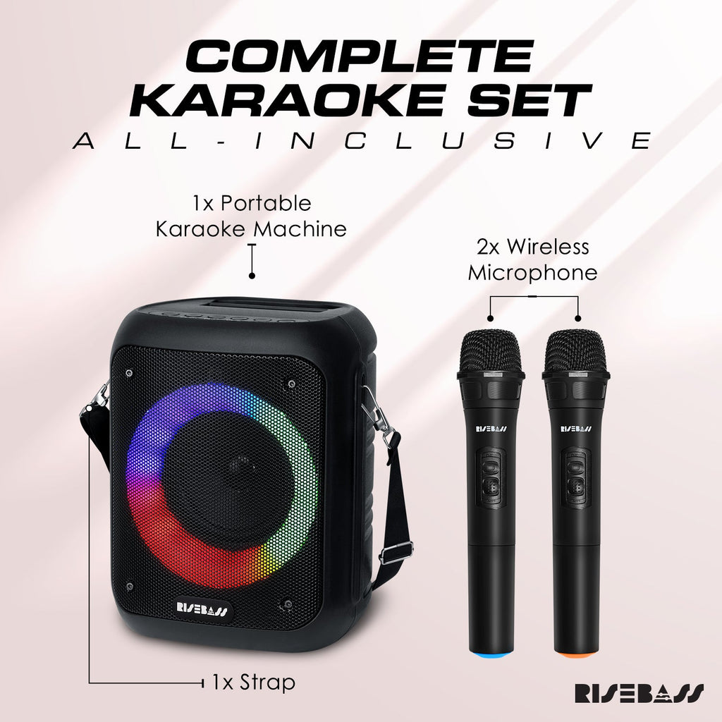 Compact portable karaoke machine in black with LED lights and two wireless microphones — view 3