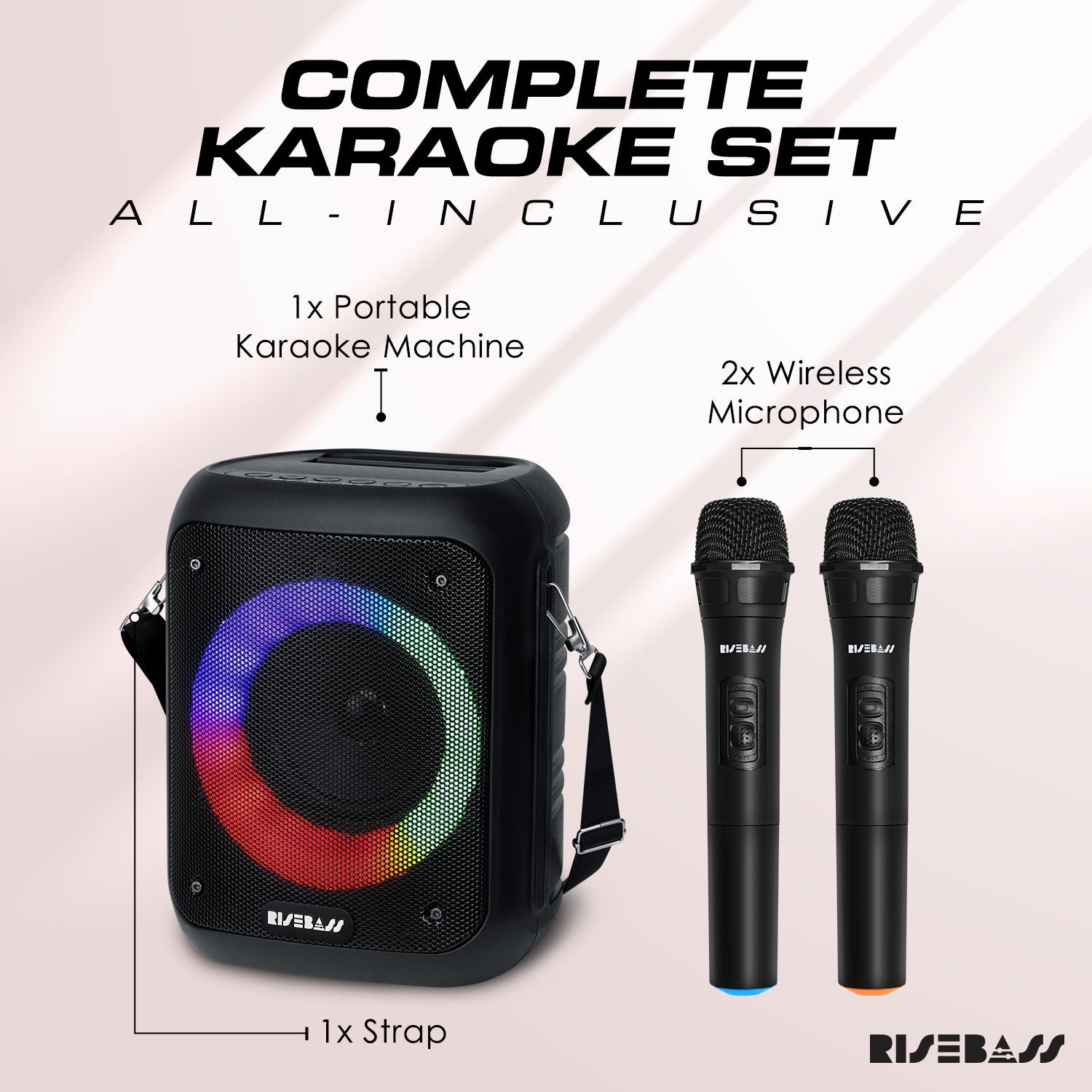 Compact portable karaoke machine in black with LED lights and two wireless microphones — view 3