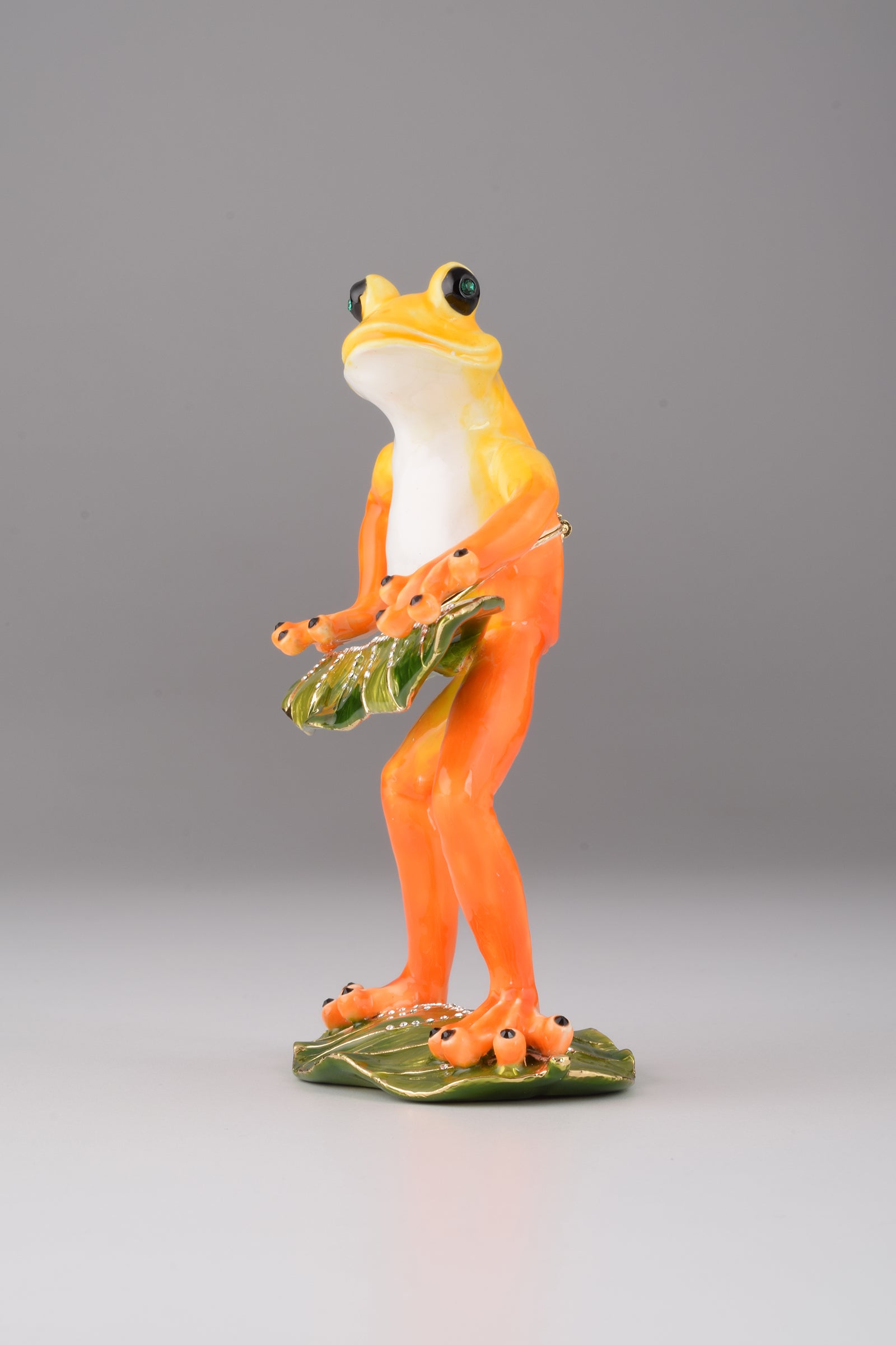Frog playing on keyboards trinket box in green enamel, plated with 24k gold and Austrian crystals — view 2