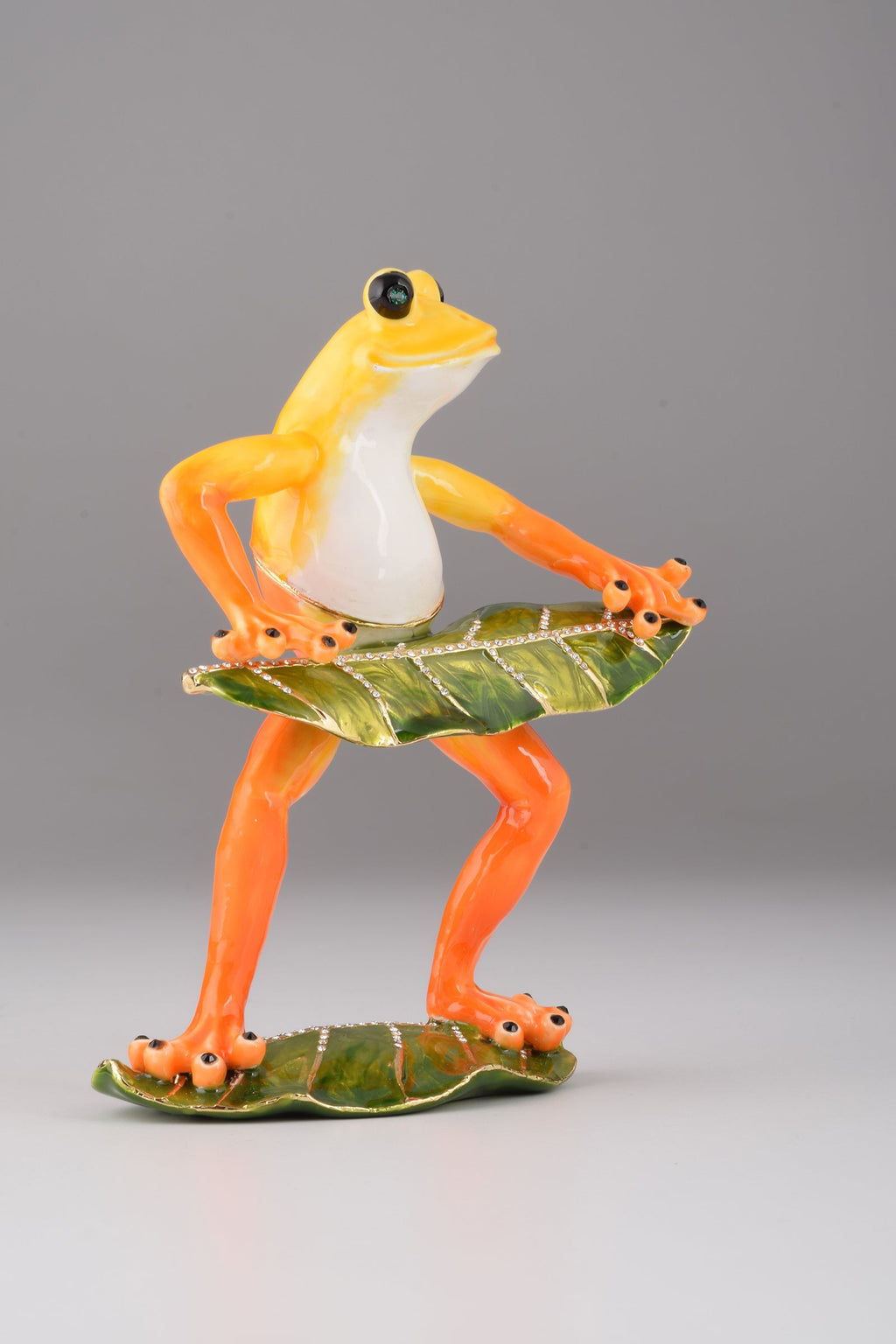 Frog playing on keyboards trinket box in green enamel, plated with 24k gold and Austrian crystals — view 3