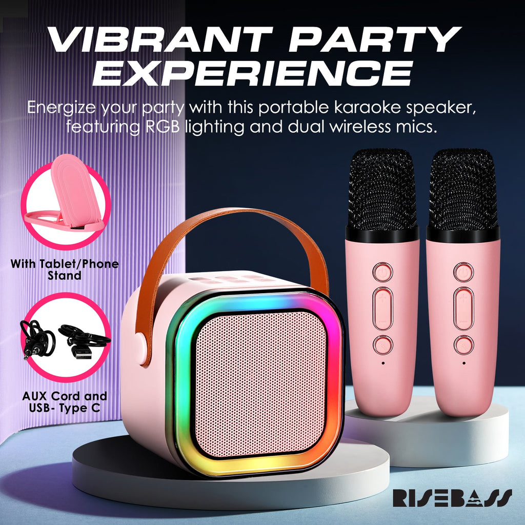Rise Bass portable mini karaoke machine speaker with two wireless microphones and rhythmic LED lights — view 2