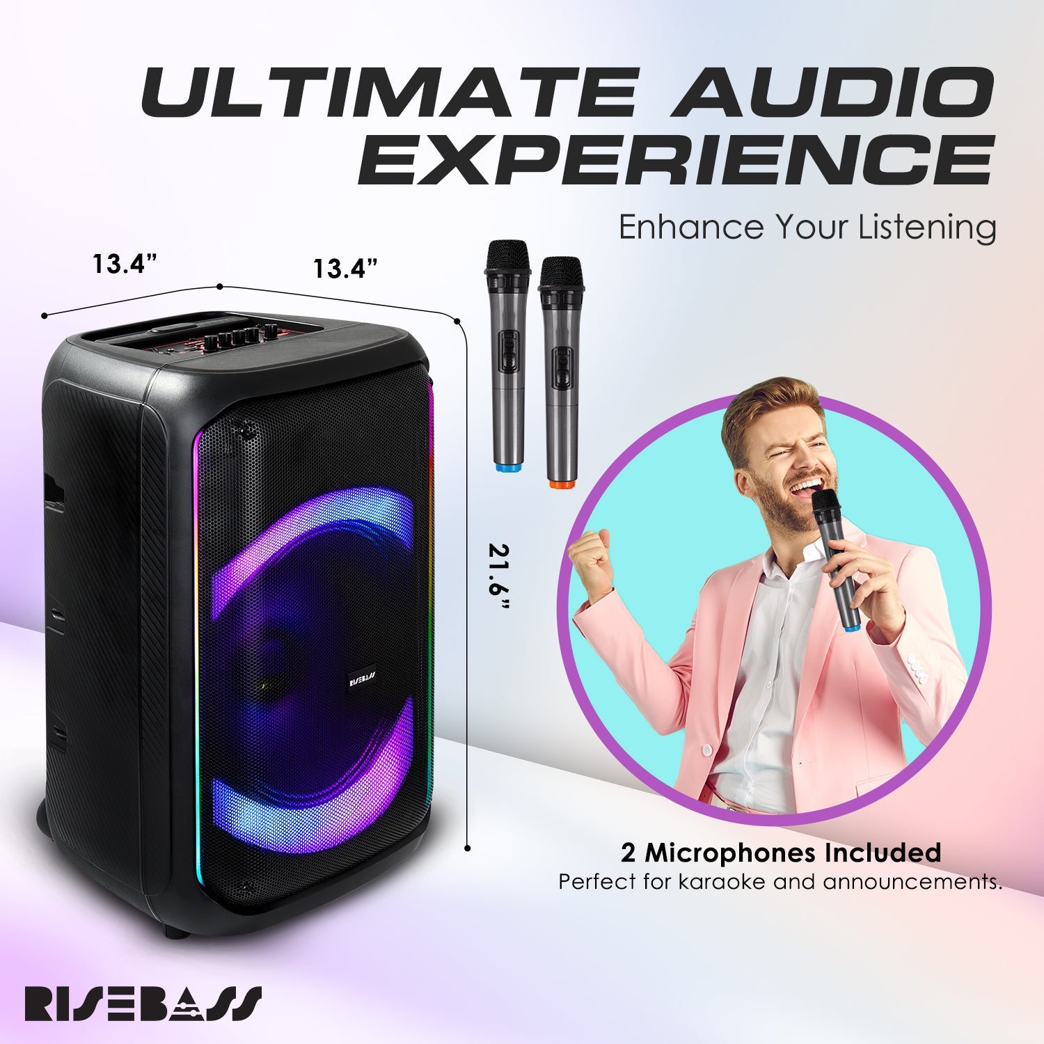 Risebass portable trolley bluetooth speaker with 14 inch subwoofer, wheels, and wireless microphones — view 5