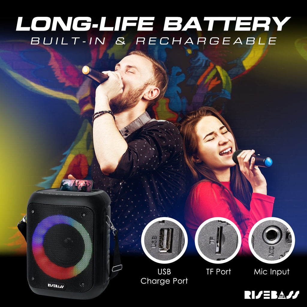 Compact portable karaoke machine in black with LED lights and two wireless microphones — view 2