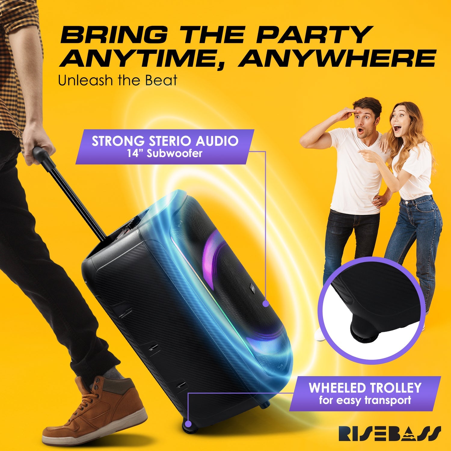 Risebass portable trolley bluetooth speaker with 14 inch subwoofer, wheels, and wireless microphones — view 4