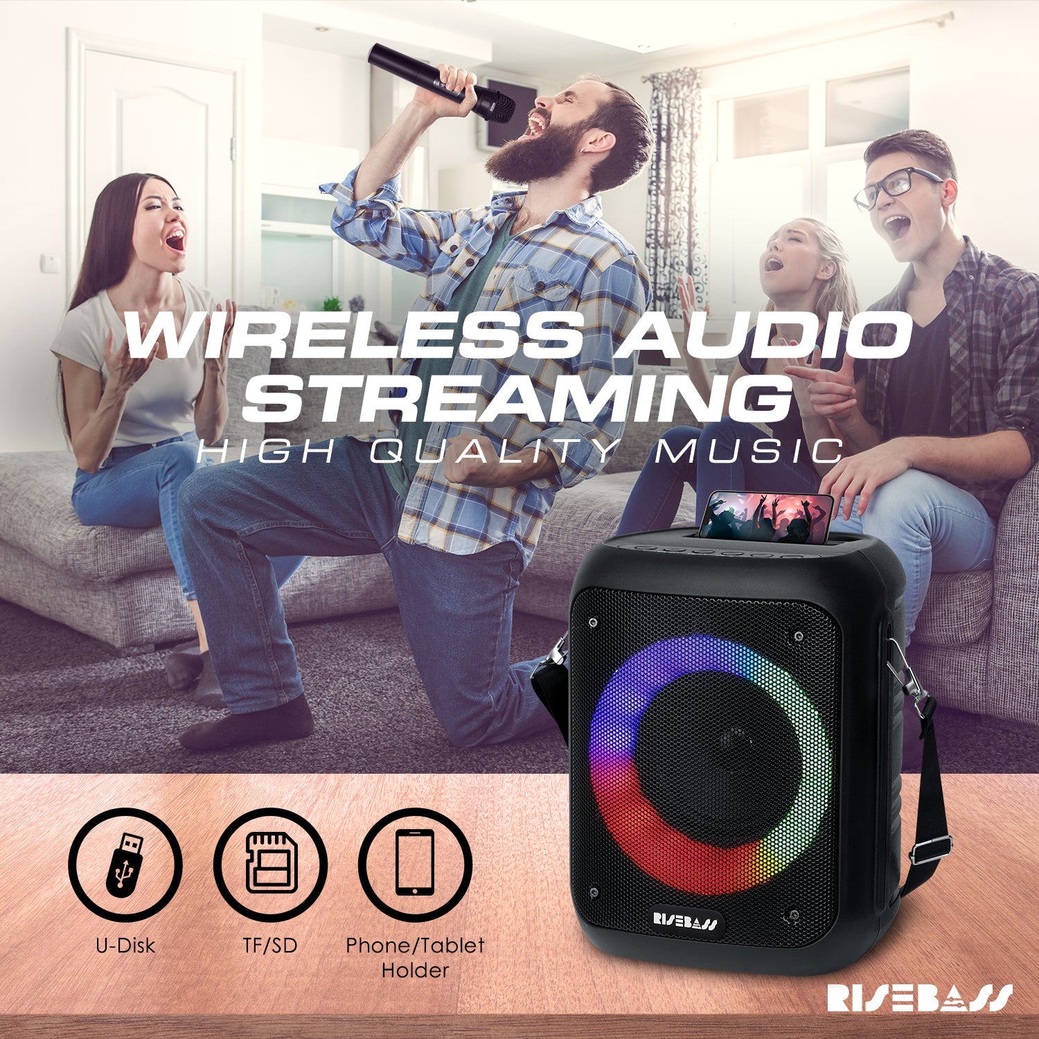 Compact portable karaoke machine in black with LED lights and two wireless microphones — view 5