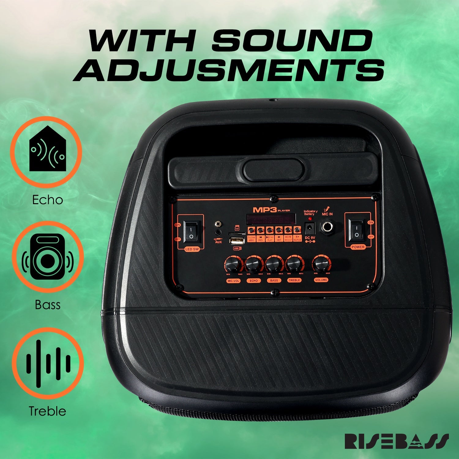 Risebass portable trolley bluetooth speaker with 14 inch subwoofer, wheels, and wireless microphones — view 3