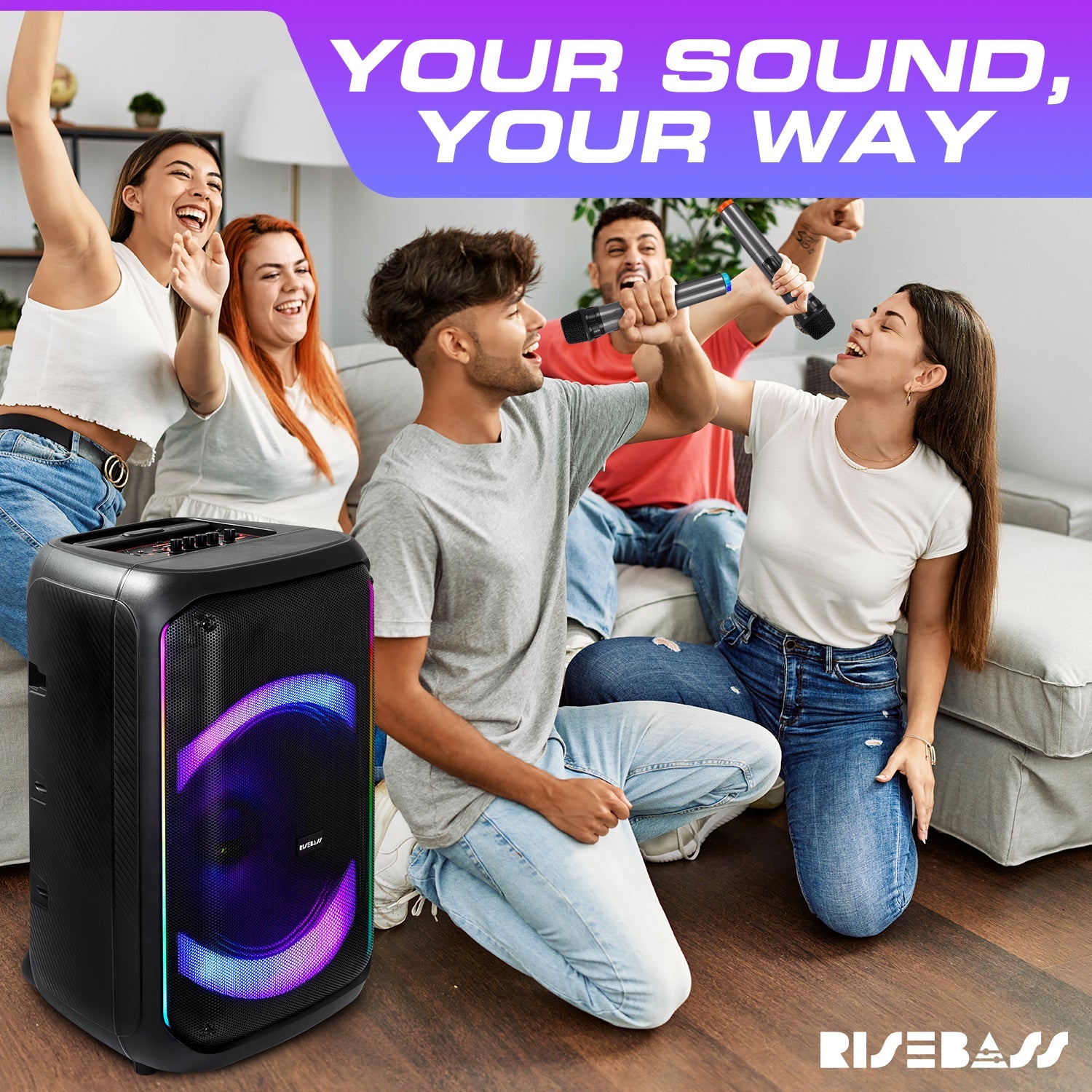 Risebass portable trolley bluetooth speaker with 14 inch subwoofer, wheels, and wireless microphones — view 2