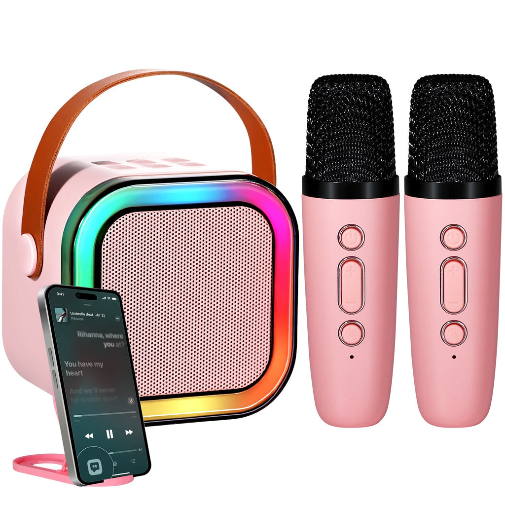 Rise Bass portable mini karaoke machine speaker with two wireless microphones and rhythmic LED lights