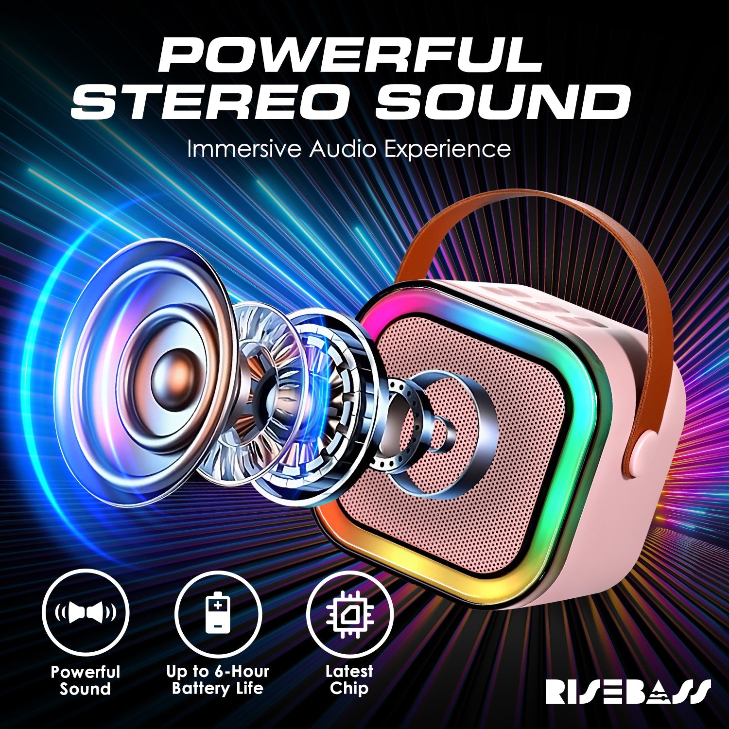 Rise Bass portable mini karaoke machine speaker with two wireless microphones and rhythmic LED lights — view 3