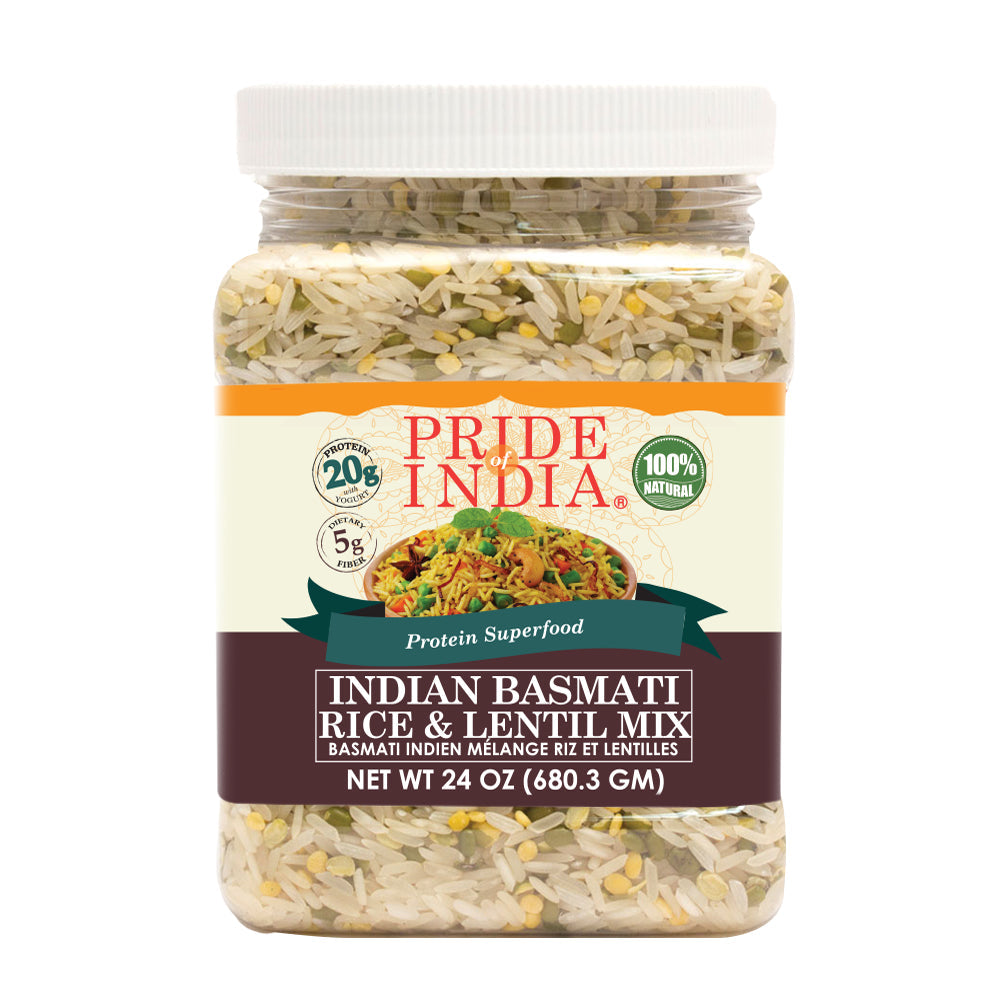 White basmati rice and lentil kitchari superfood mix inside a clear reusable food grade jar