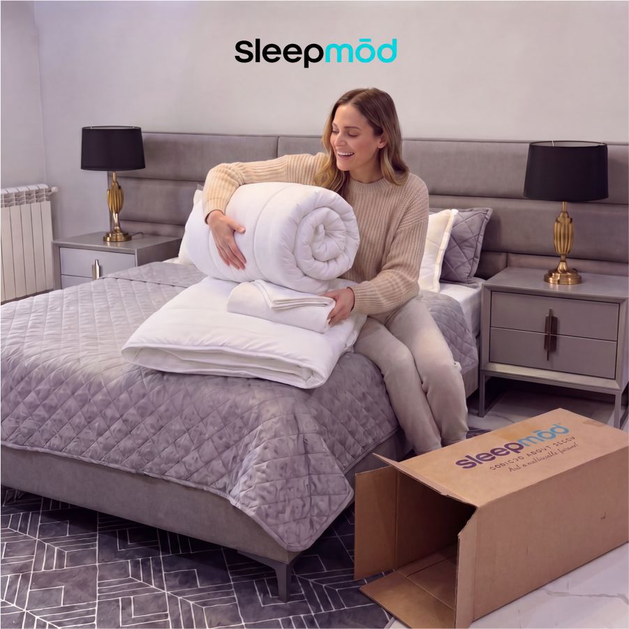 White eucalyptus silk cooling comforter and two matching quilted pillow shams neatly arranged on bed — view 3