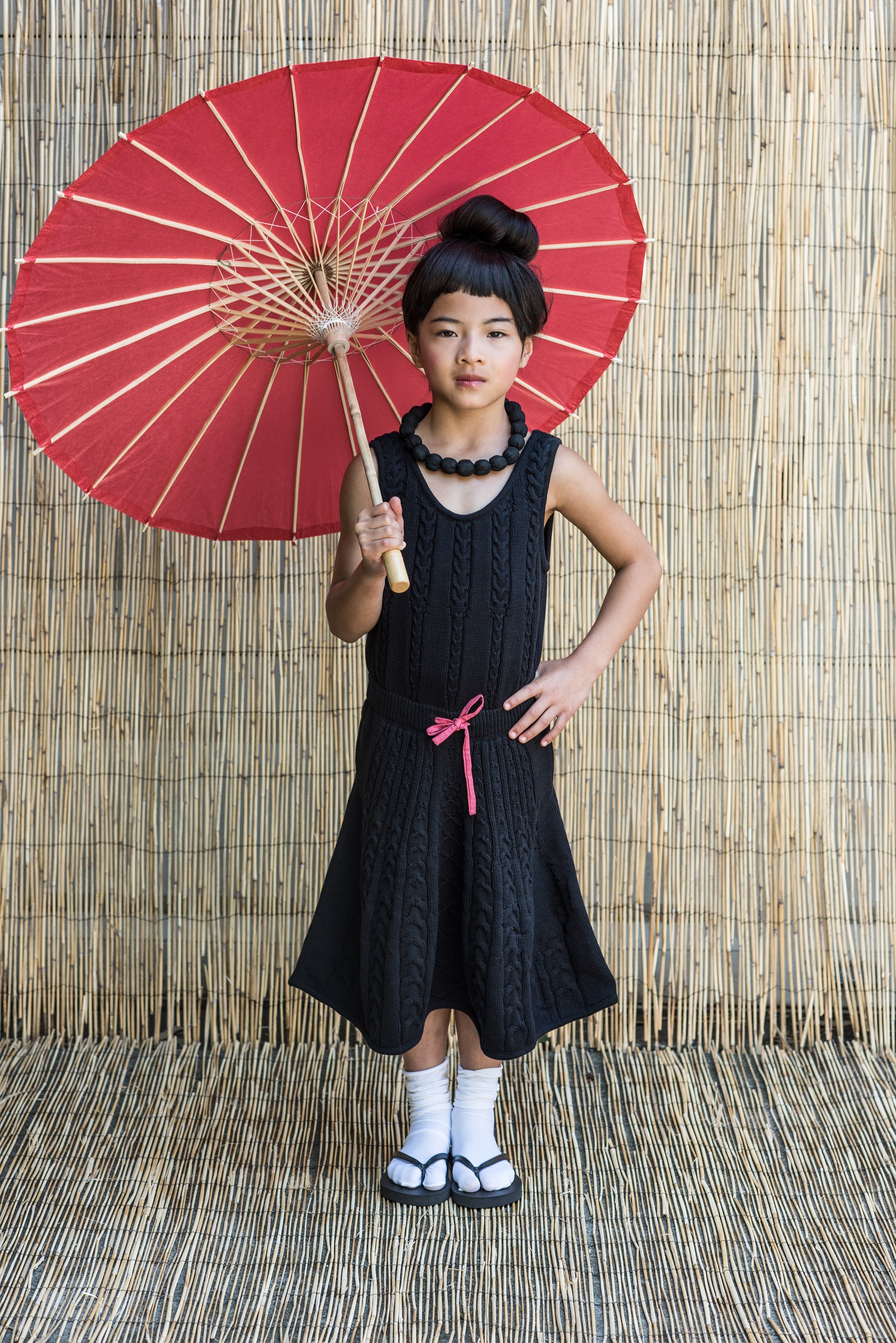 Black cable knit dress for girls in sleeveless midi style with organic cotton and drawstring waist — view 3