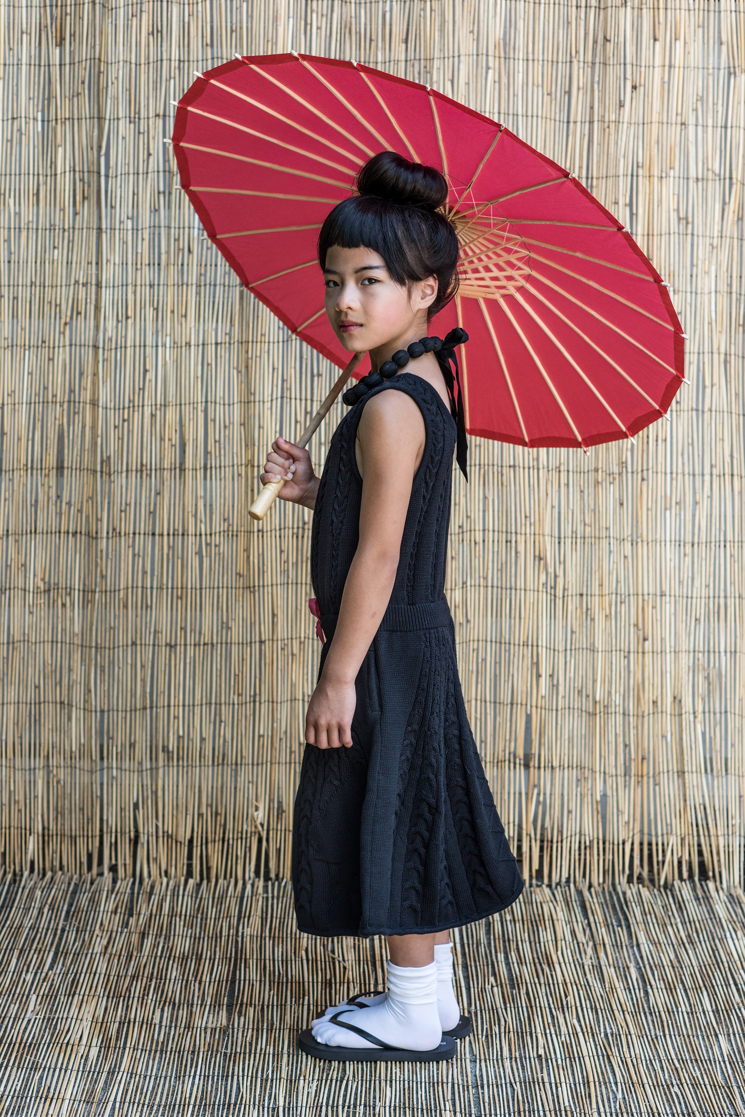 Black cable knit dress for girls in sleeveless midi style with organic cotton and drawstring waist — view 4