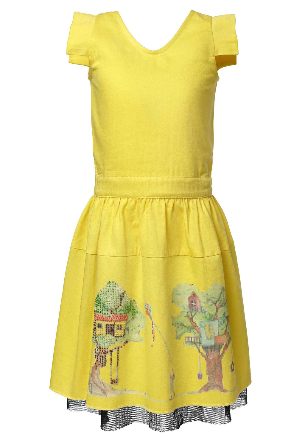 Yellow embroidered dress for girls made of organic cotton featuring a handcrafted treehouse print — view 5