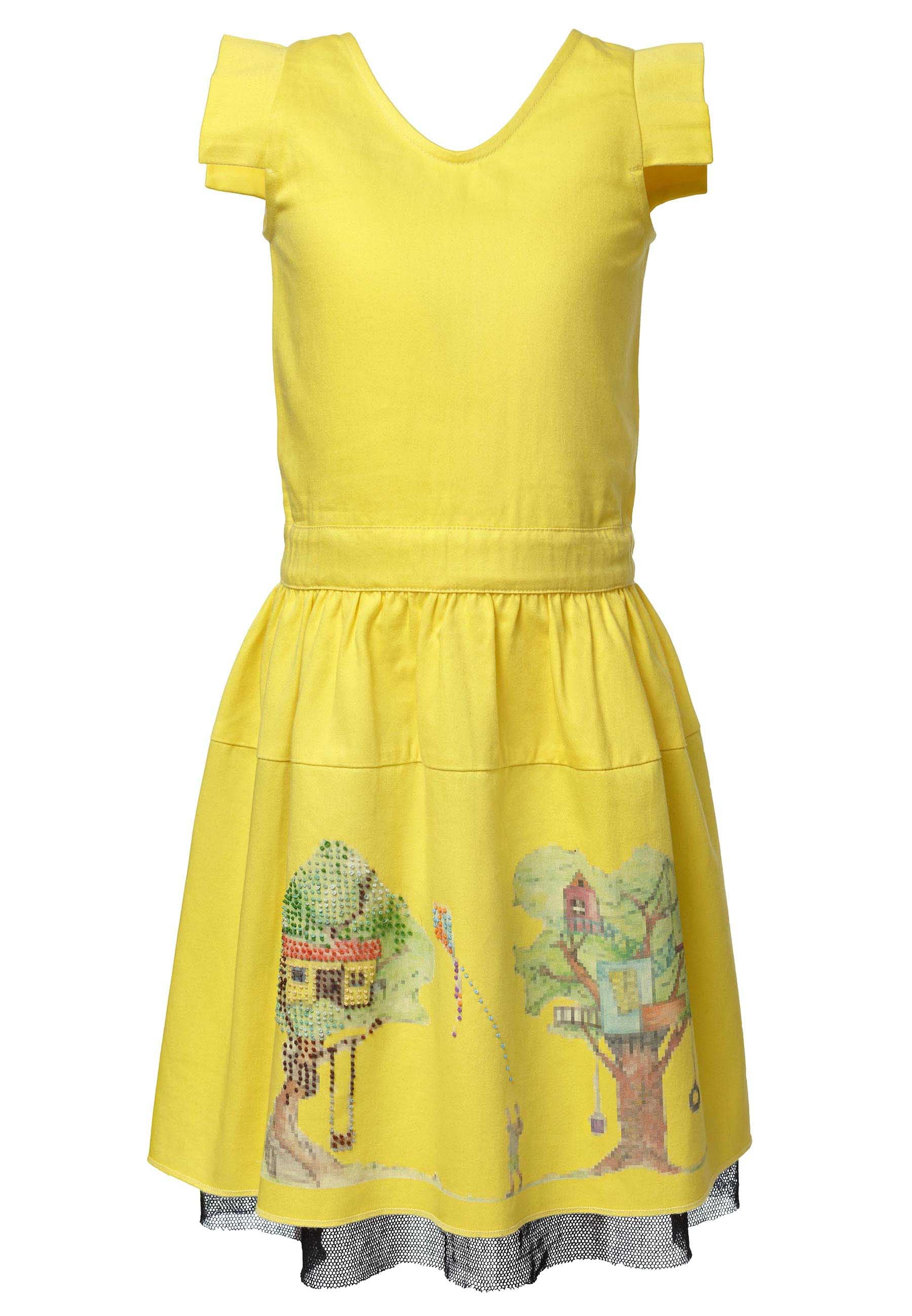 Yellow embroidered dress for girls made of organic cotton featuring a handcrafted treehouse print — view 5