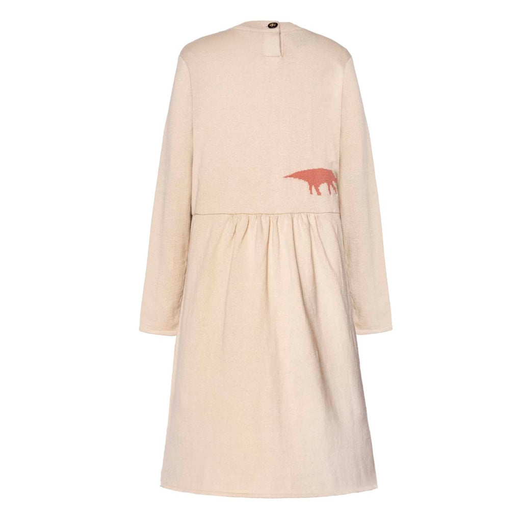 Beige knitted dress for girls made of organic cotton featuring a fun animal and dinosaur print — view 4