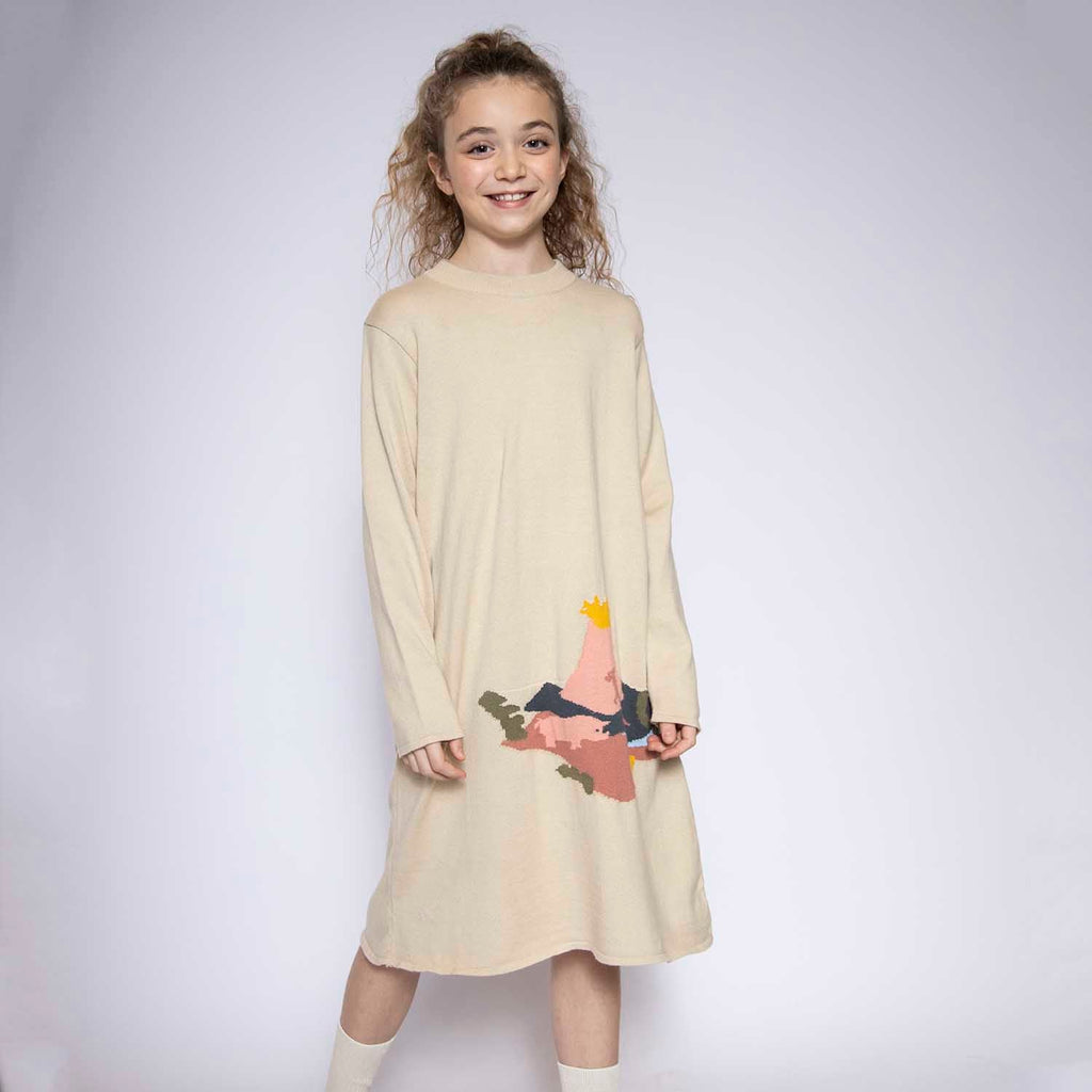 Beige knitted dress for girls made of organic cotton featuring a fun animal and dinosaur print — view 2