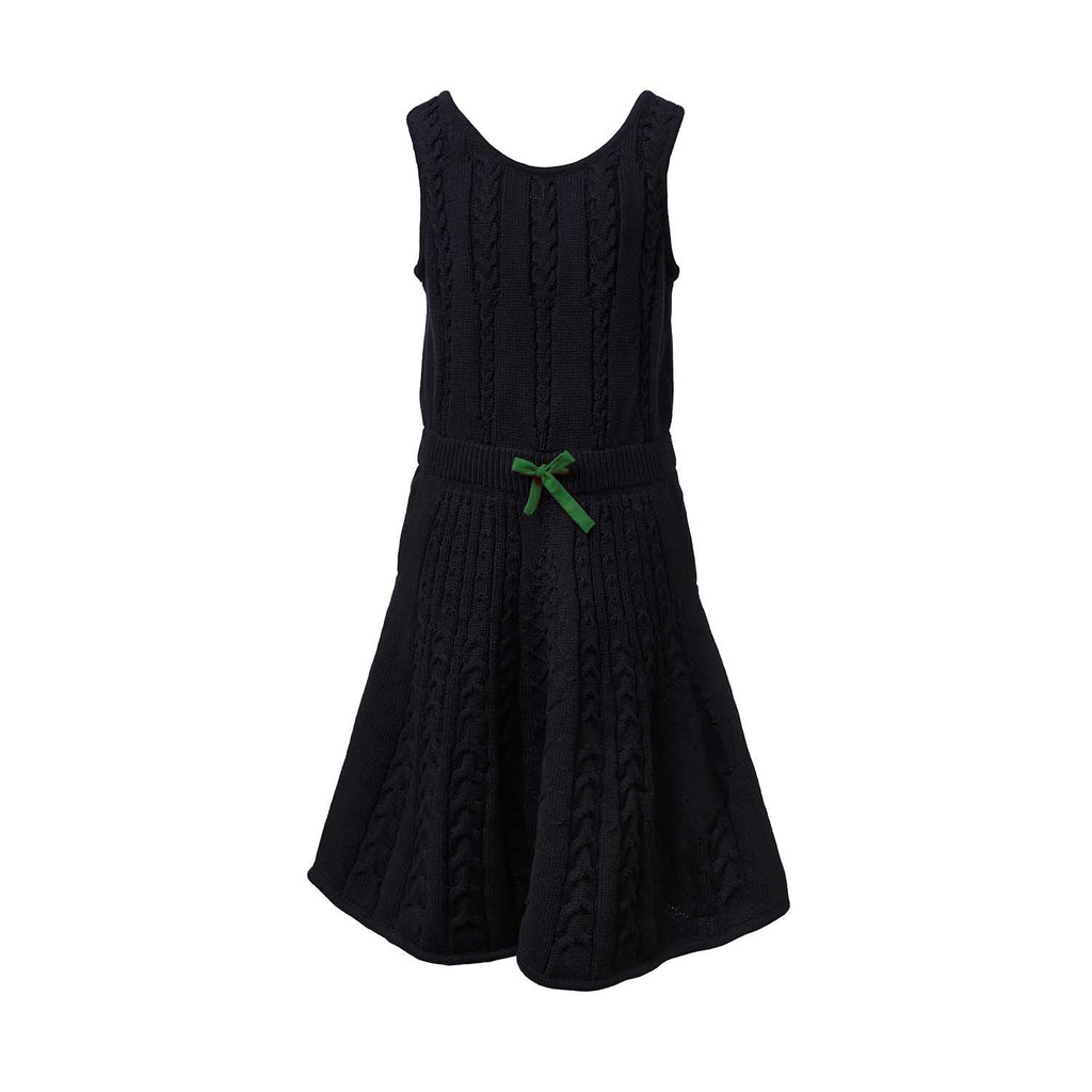 Black cable knit dress for girls in sleeveless midi style with organic cotton and drawstring waist