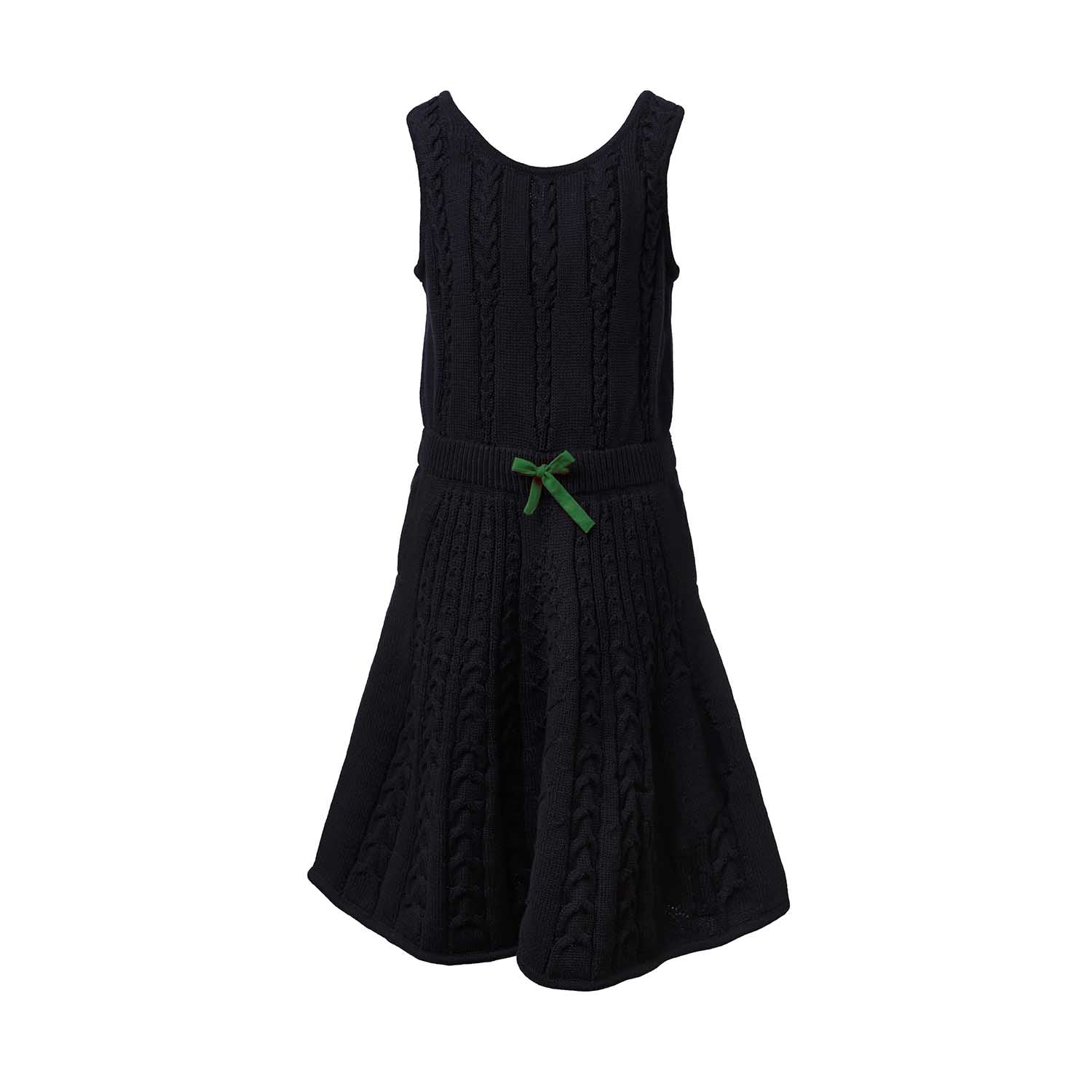 Black cable knit dress for girls in sleeveless midi style with organic cotton and drawstring waist