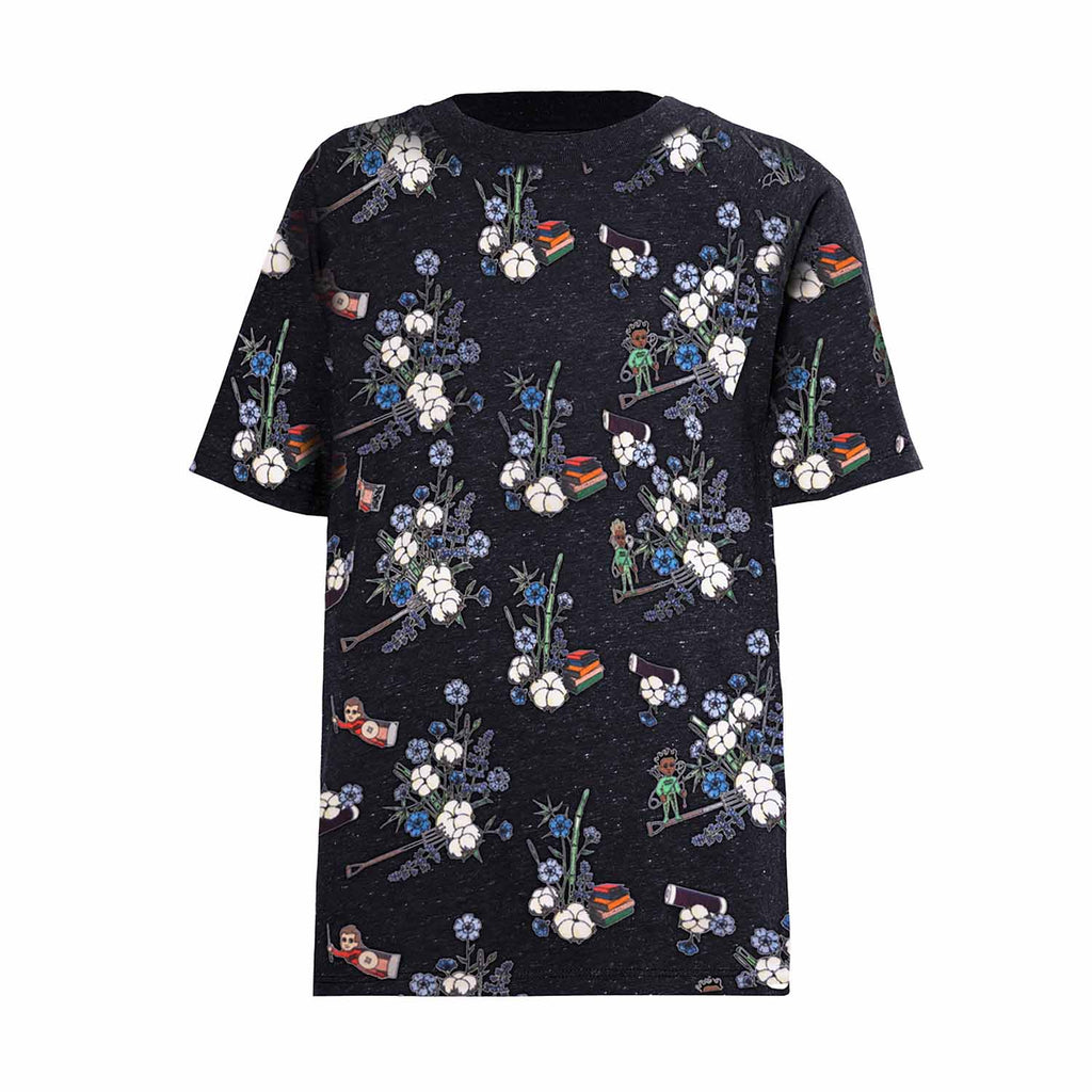 Black floral kids t-shirt in organic cotton featuring an educational botanical and hidden object print