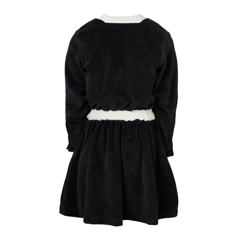 Black velvet A-line formal dress for girls featuring an asymmetric front panel and octagonal neckline — view 3