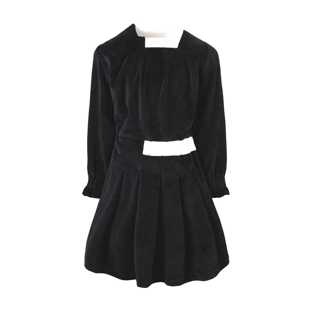 Black velvet A-line formal dress for girls featuring an asymmetric front panel and octagonal neckline