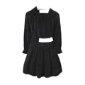 Black velvet A-line formal dress for girls featuring an asymmetric front panel and octagonal neckline
