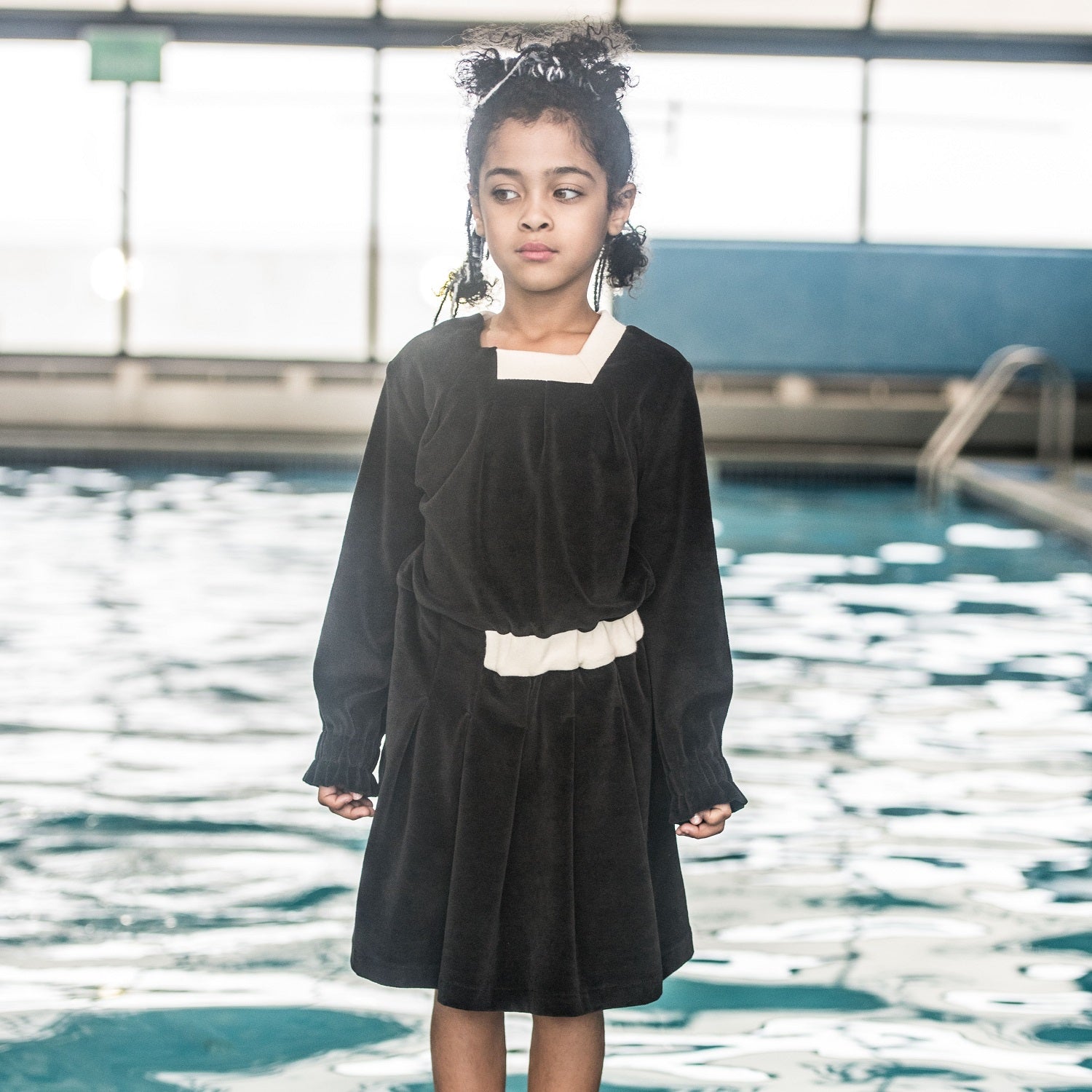 Black velvet A-line formal dress for girls featuring an asymmetric front panel and octagonal neckline — view 2