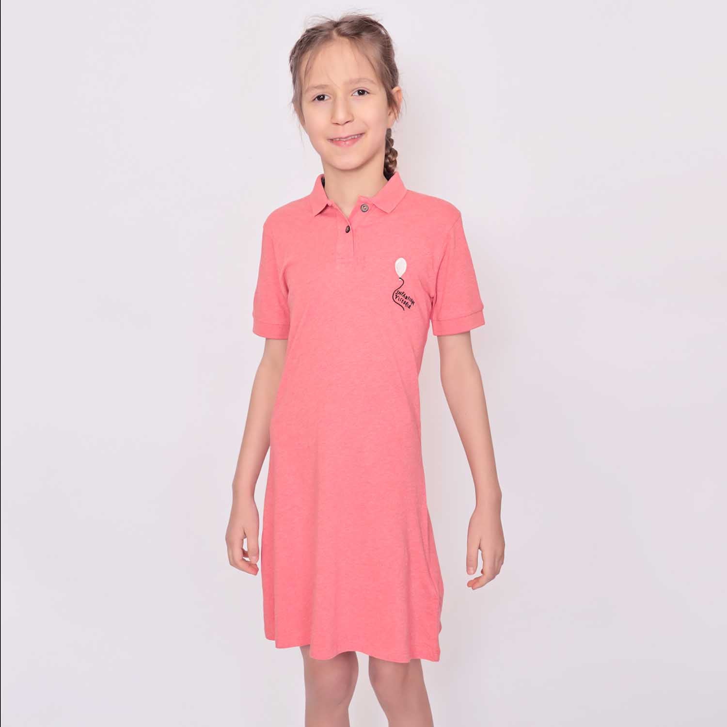 Red polo dress for girls in organic cotton, featuring short sleeves and front pocket embroidery — view 2