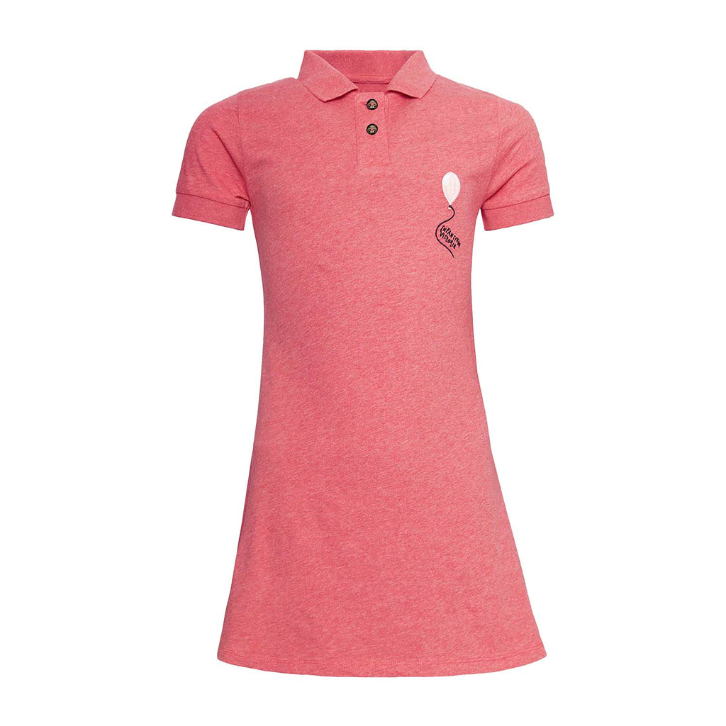 Red polo dress for girls in organic cotton, featuring short sleeves and front pocket embroidery