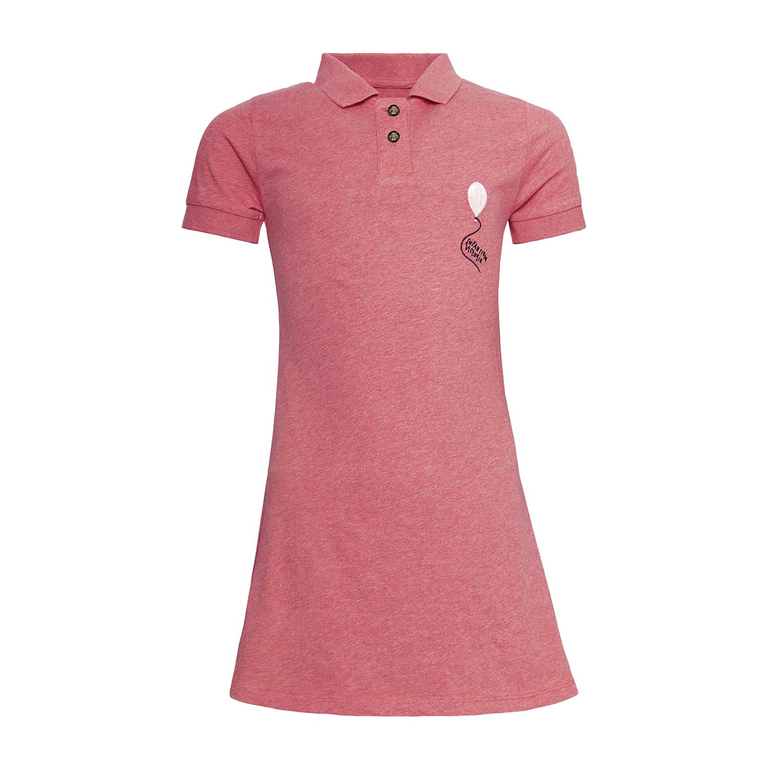 Red polo dress for girls in organic cotton, featuring short sleeves and front pocket embroidery