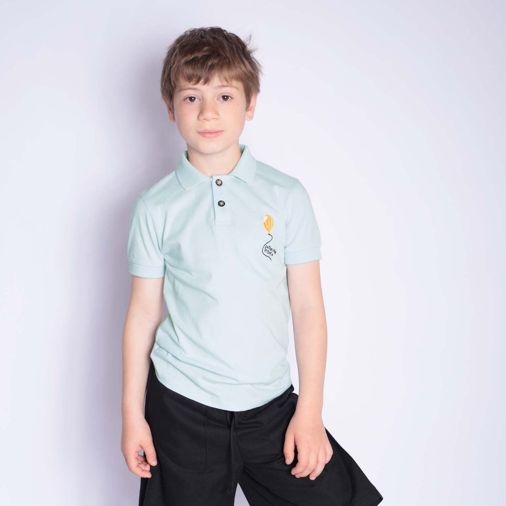 Mint green organic cotton kids polo shirt with coconut buttons and pocket balloon embroidery — view 2