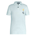 Mint green organic cotton kids polo shirt with coconut buttons and pocket balloon embroidery
